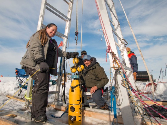 Credit: International Thwaites Glacier Collaboration / Georgia Tech-Schmidt / Dichek  ITGC researchers Britney Schmidt and Andy Mullen retrieve the robotic submarine Icefin after its last dive to the seafloor foundations of Thwaites Glacier. Icefin was engineered in Schmidt's lab at Georgia Tech.