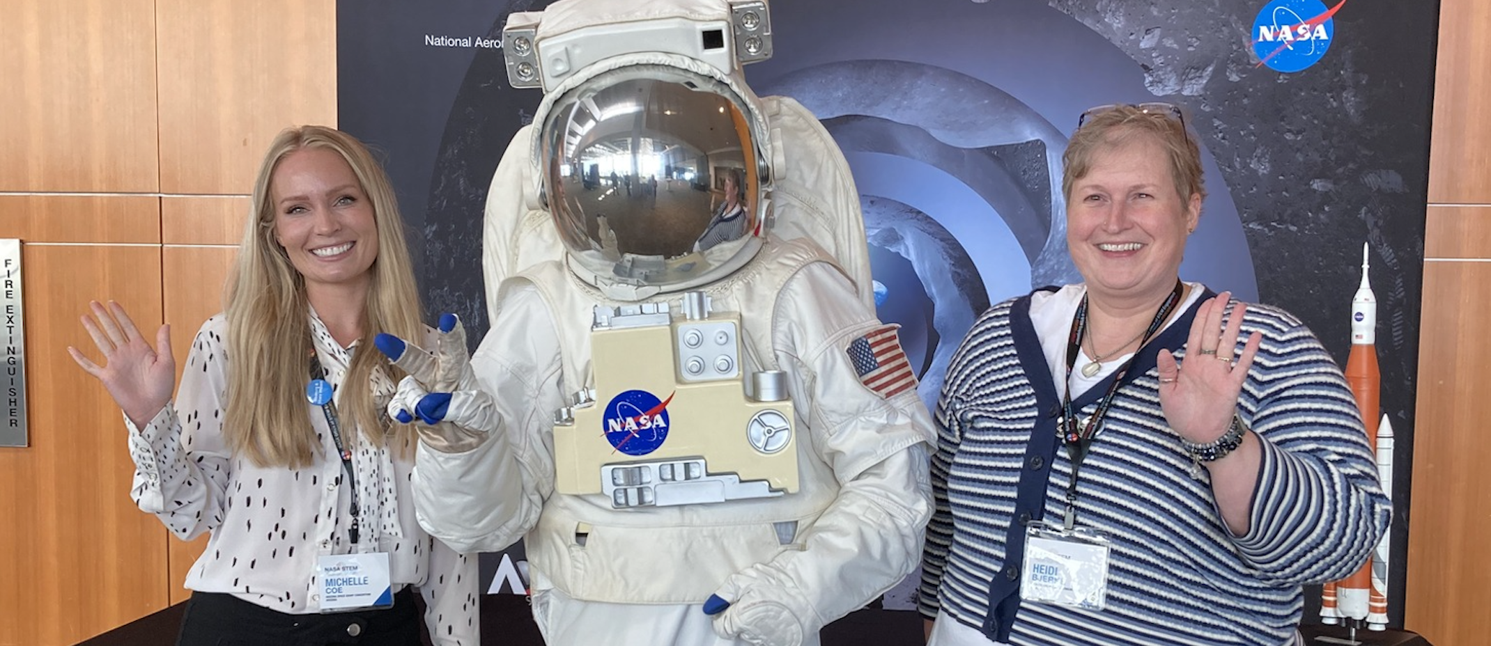Michelle Coe (left) and Heidi Burke (right) next to NASA astronaut at the NASA OSTEM Better Together Conference 2022.