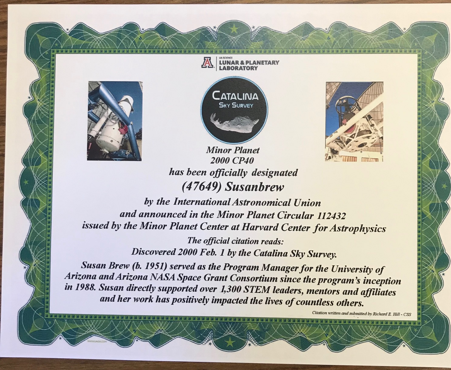 Certificate of Planetary Dedication for Susan Brew