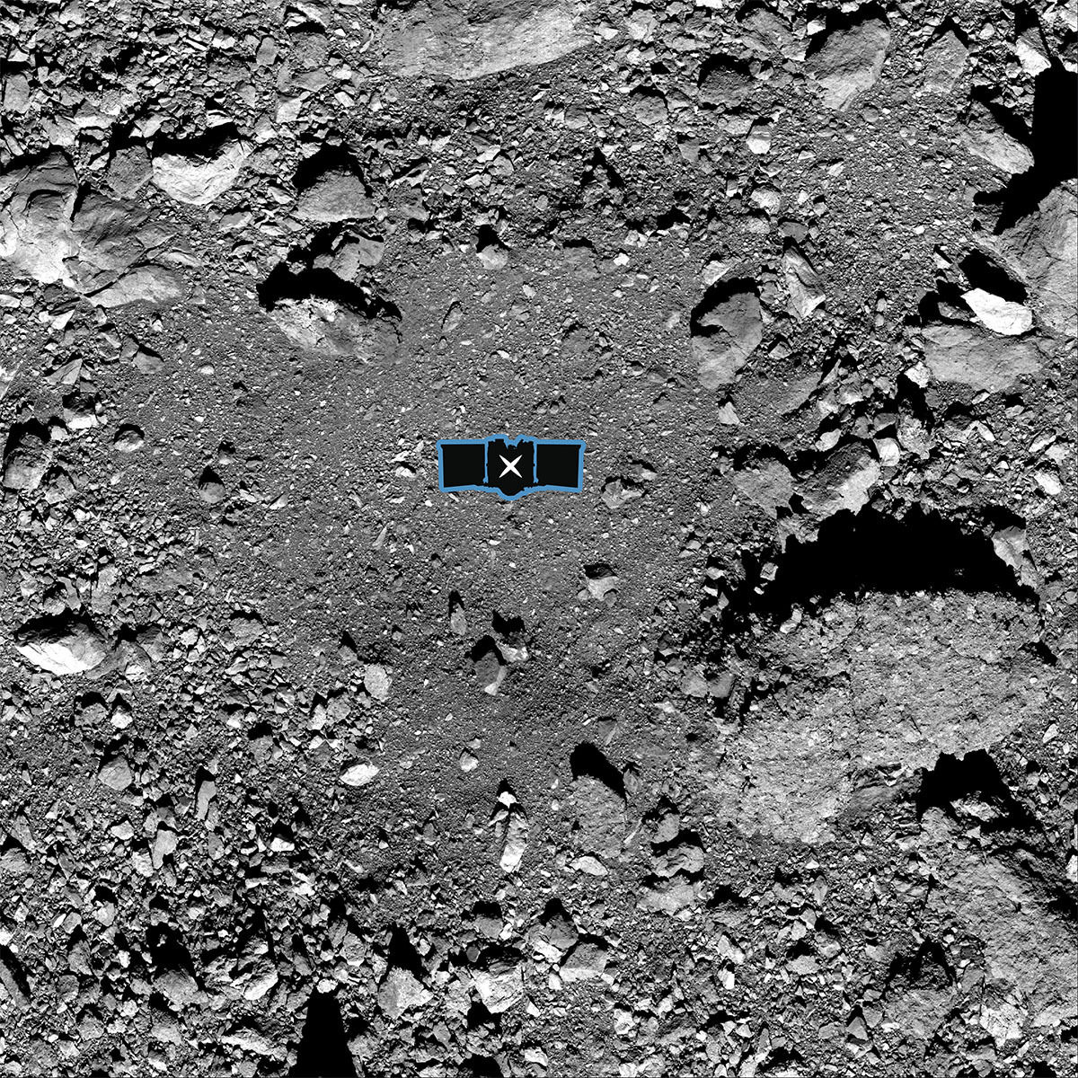OSIRIS-REx sample site diagram over an image of asteroid Bennu's surface