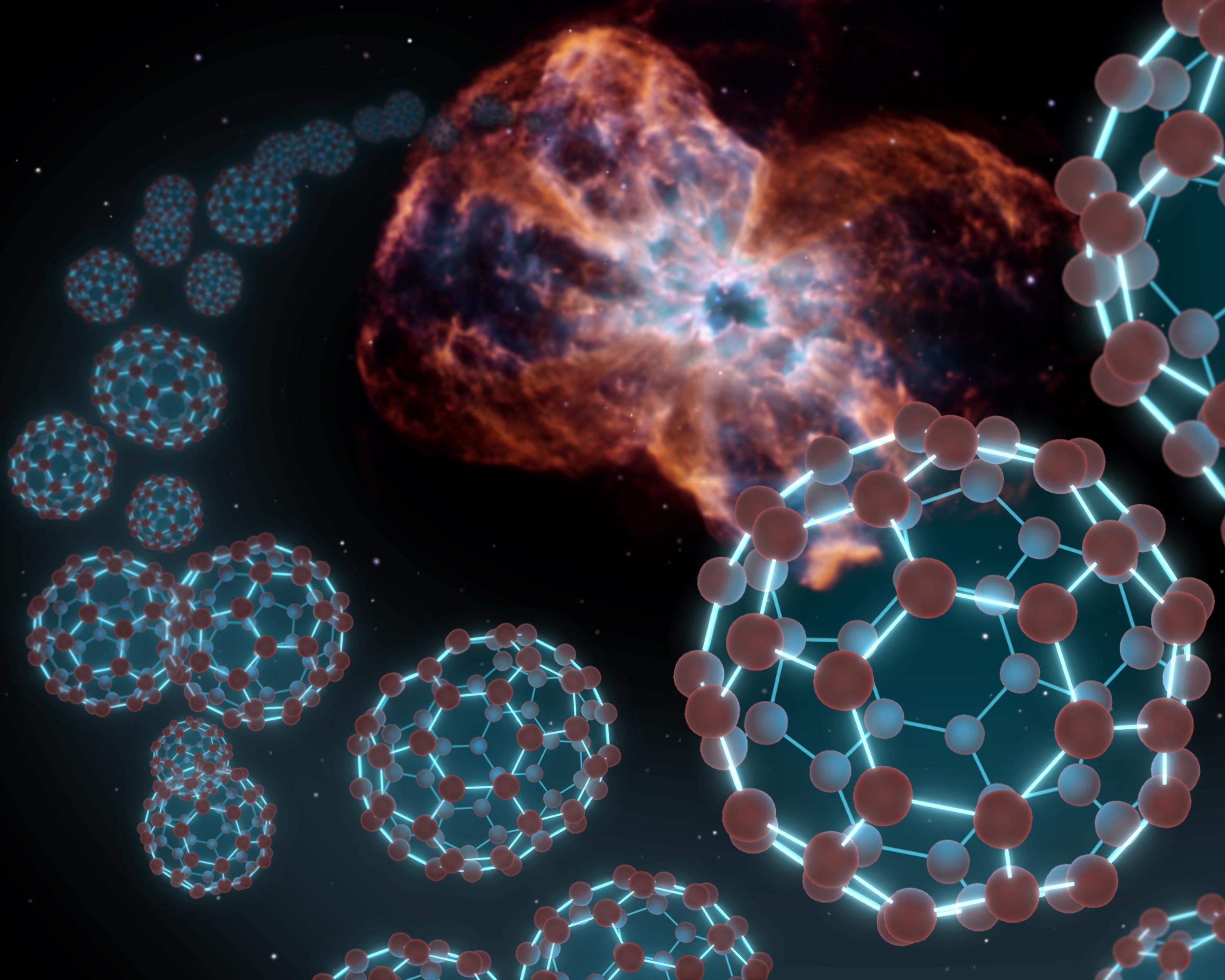 An artist's conception showing spherical carbon molecules known as buckyballs coming out from a planetary nebula — material shed by a dying star. Researchers at the University of Arizona have now created these molecules under laboratory conditions thought to mimic those in their "natural" habitat in space. (Image: NASA/JPL-Caltech)