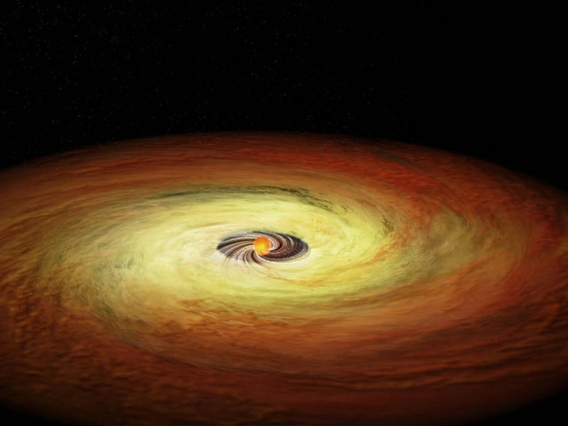 This illustration shows a lower mass star surrounded by its planet-forming disk of gas and dust. The planet formation process would cause gaps, not shown in this illustration, to appear in the disk. The streams near the center show how matter from the disk is still falling onto the star.