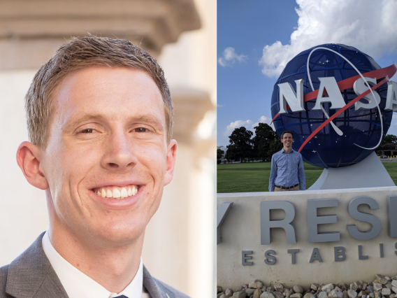 Headshot of Clark Pederson (left) and Clark Pederson standing outside of NASA Langley (right).