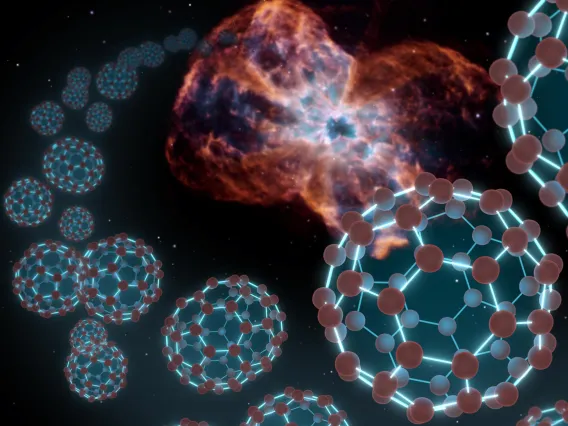 An artist's conception showing spherical carbon molecules known as buckyballs coming out from a planetary nebula — material shed by a dying star. Researchers at the University of Arizona have now created these molecules under laboratory conditions thought to mimic those in their "natural" habitat in space. (Image: NASA/JPL-Caltech)