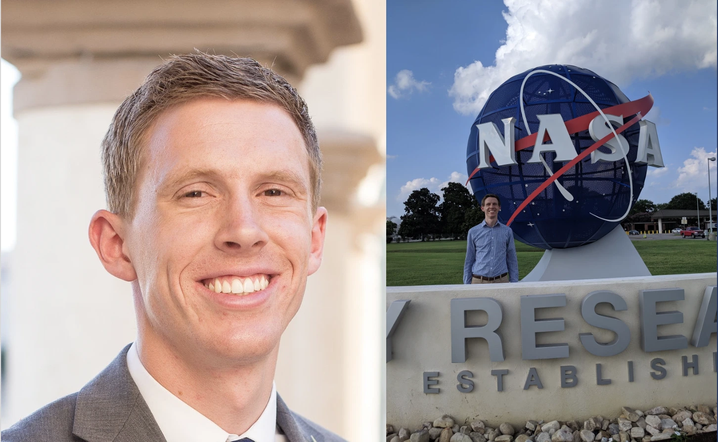 Headshot of Clark Pederson (left) and Clark Pederson standing outside of NASA Langley (right).