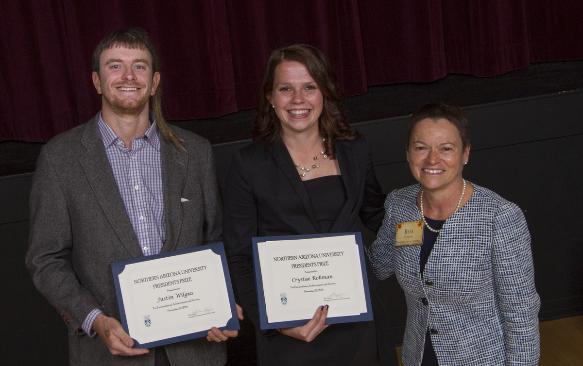 Justin Wilgus, 2014 NAU Space Grant Intern, and Crystae Rohman with NAU President Rita Cheng