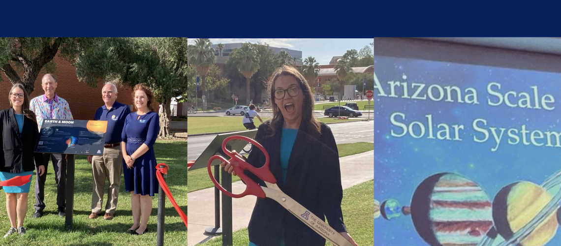 (From left to right) Zarah Brown standing next to new placard with Dr. Tim Swindle, Dr. Mark Marley, and Dr. Carmala Garzione. Zarah Brown holding ribbon cutting scissors. 