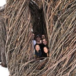 Victoria Girgis, Kathryn Tellez, Adriana Weise, Madelyn Hart, Hailey Osborn, Ariel Daniel pose inside tree art structure