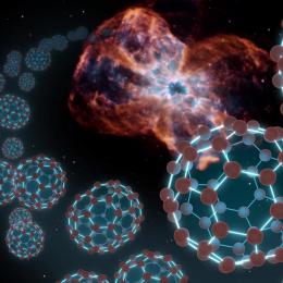 An artist's conception showing spherical carbon molecules known as buckyballs coming out from a planetary nebula — material shed by a dying star. Researchers at the University of Arizona have now created these molecules under laboratory conditions thought to mimic those in their "natural" habitat in space. (Image: NASA/JPL-Caltech)
